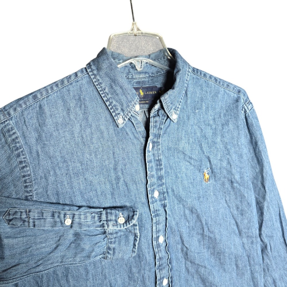 Ralph Lauren Shirt Men's Medium Classic Fit Denim Button Down Blue Flesh Logo